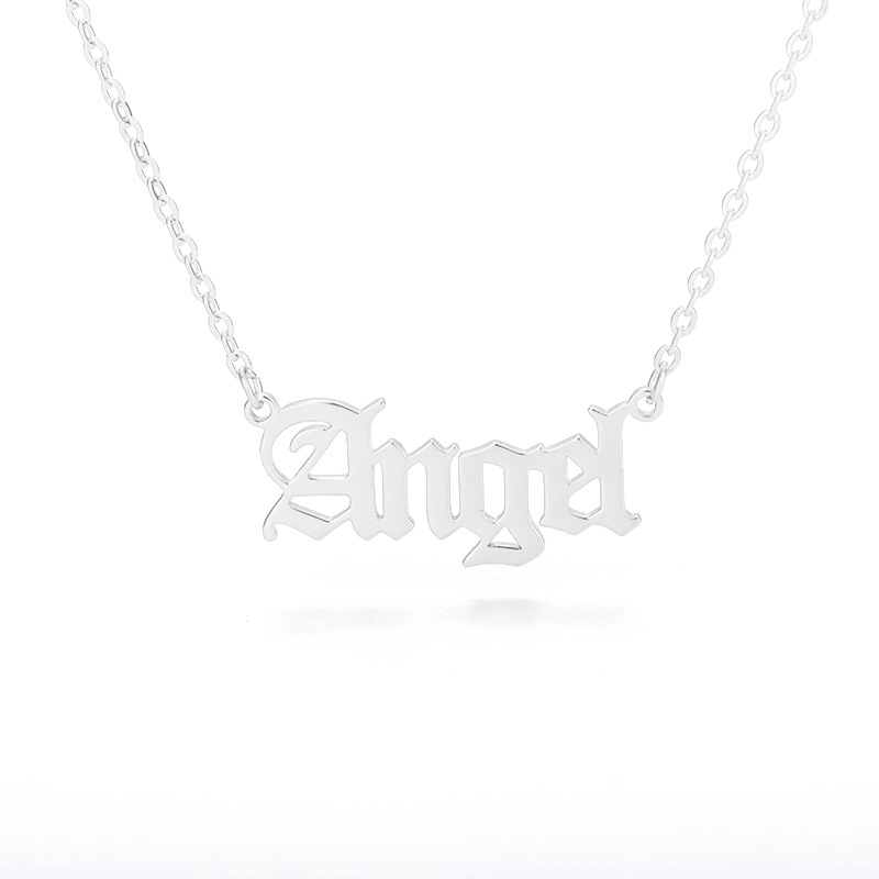10PCS Old English Letter Word Angel Necklaces Stainless Steel Initial Alphabet Name Logo Pendant Charm Chain Minimalist Collar Choker Jewelry for Wome