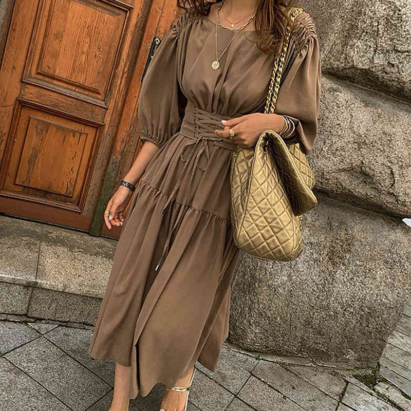 Summer Dress Round Neck Sashes Elegant Slim Lantern Sleeve Loose Fit Fashion 2H125 210526