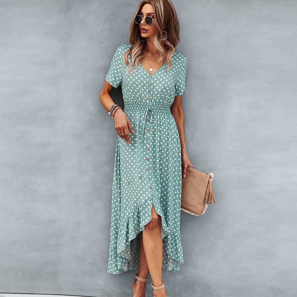 Elegant Beach Women Dress Summer Casual Polka Dot Print V Neck Short Sleeve High Waist Button Ruffle Boho Dresses Vintage 210526