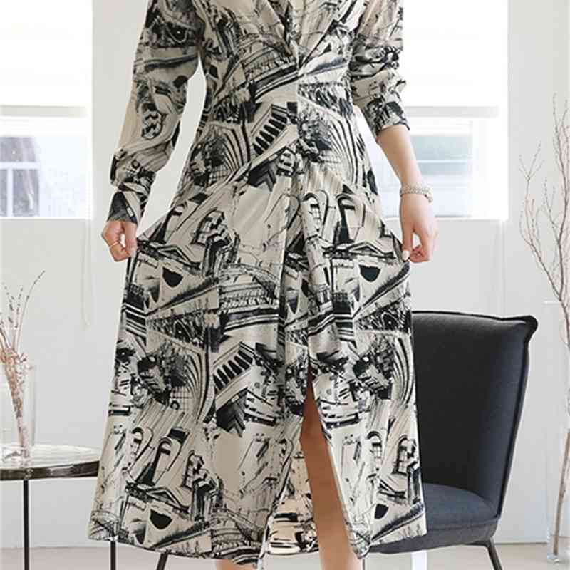 Korea Women Prints Dress Autumn Lapel Long sleeves Waist fold Slim Fashion Chic Streetwear printing Dresses 210506