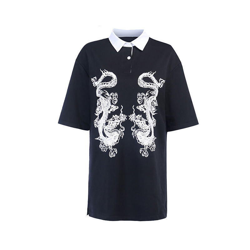Mujer Camisetas Harajuku Punk Women Clothing Dragon Print Femme T-Shirts Vintage Black Gothic Clothes Long Loose Tops 210406