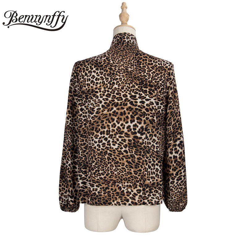Leopard Print Bow Tie Neck Womens Tops and Blouses Autumn Loose Casual OL Women Long Sleeve Elegant Blouse 210510