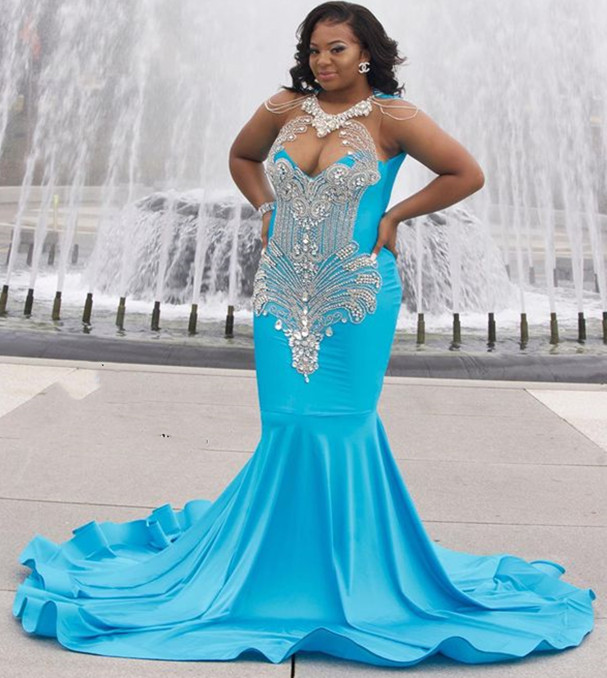 2021 Plus Size Arabic Aso Ebi Blue Luxurious Mermaid Prom Dresses Beaded Crystals Sheer Neck Evening Formal Party Second Reception Gowns ZJ322