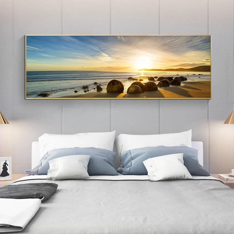 Natural Blue Sky Stone Beach Sunset Landscape Posters and Prints Canvas Painting Scandinavian Wall Art Picture for Living Room