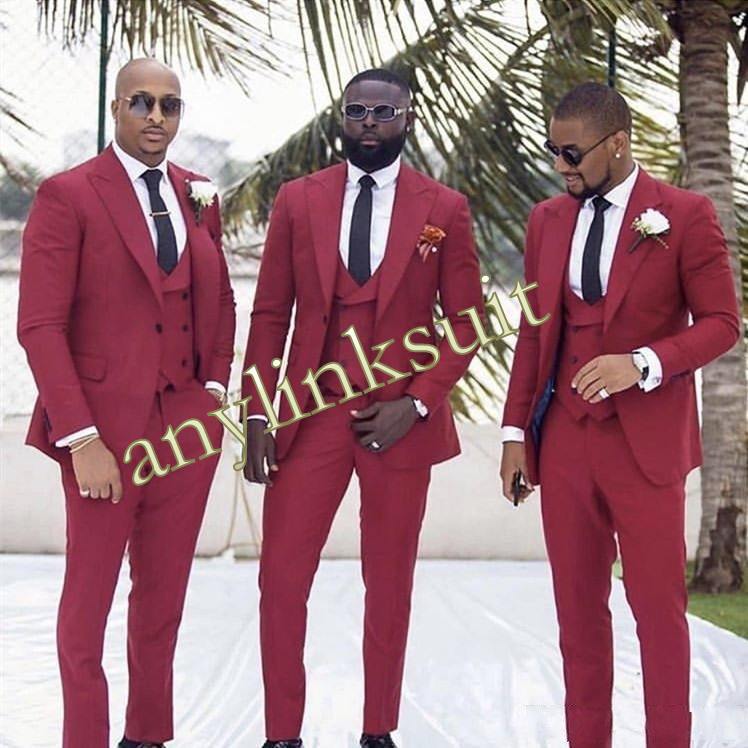 High Quality One Button Burgundy Groom Tuxedos Peak Lapel Wedding/Prom/Dinner Groomsmen Men Suits Blazer (Jacket+Pants+Vest+Tie) W1366