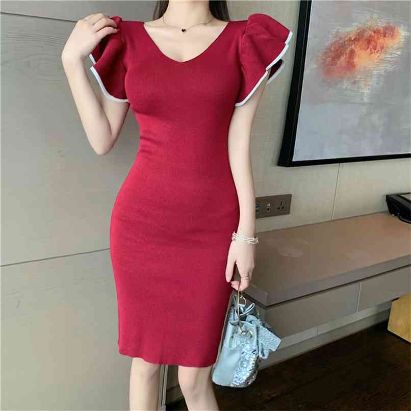 Women's Red/Pink Knit Dress Elegant V-neck Ruffle Butterfly Sleeve Sheath Bodycon Mini Celebrity Club Party 210602
Women's Red/Pink Knit Dress Elegant V-neck Ruffle Butterfly Sleeve Sheath Bodycon Mini Celebrity Club Party 210602