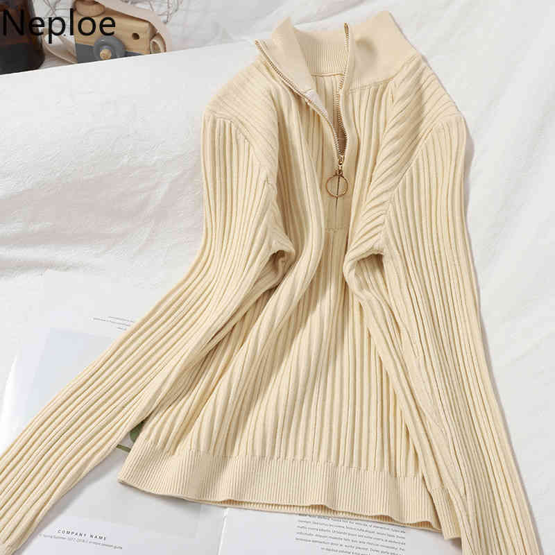 Neploe Sweaters for Women Turtleneck Zipper Knitted Pullovers Korean Solid Pleated Jumper Fall Woman Clothes Sueter Mujer 210422