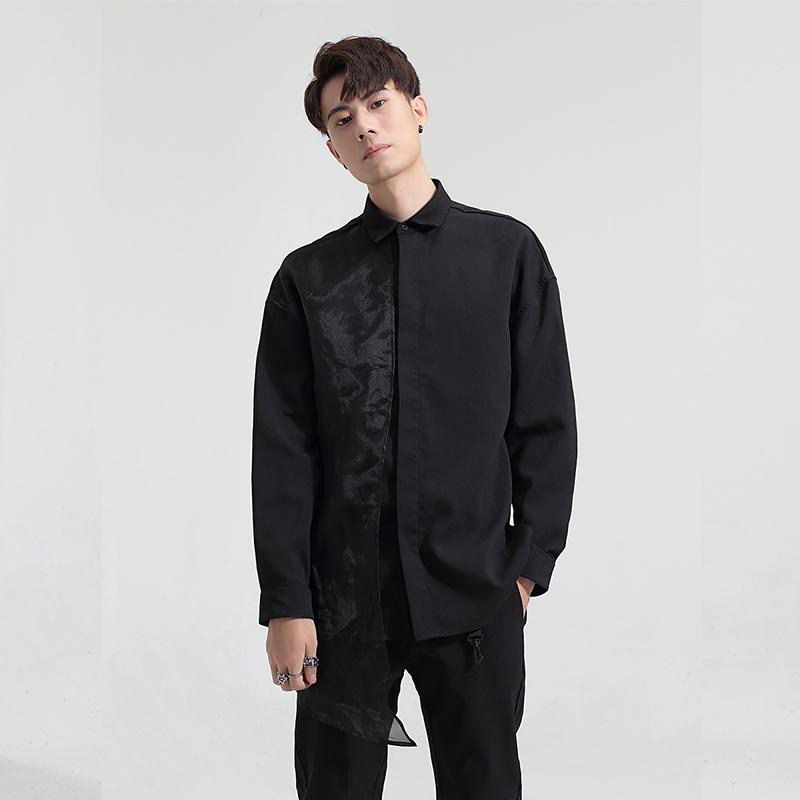 Dark Street Personality Irregular Mesh Patchwork Slim Black Shirt Long Sleeve Men Men's Casual Shirts