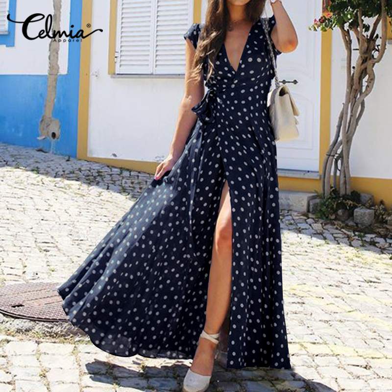 

Fashion Split Hem Polka Dot Short Sleeve Maxi Sundress Celmia Bohemian Women Summer Long Dress Belted Sexy Casual V-Neck Vestido, Black