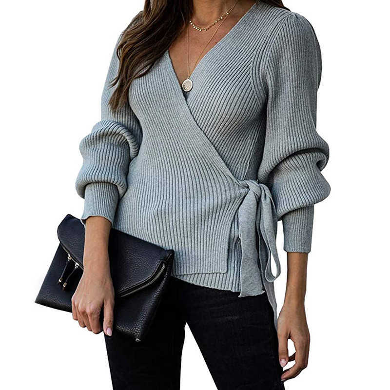 Korean Style Autumn Winter Woman Sweaters Ladies V-neck Lantern Sleeve Slim Fit Sweater Cross Waistband Loose Black Sueter Mujer 210604