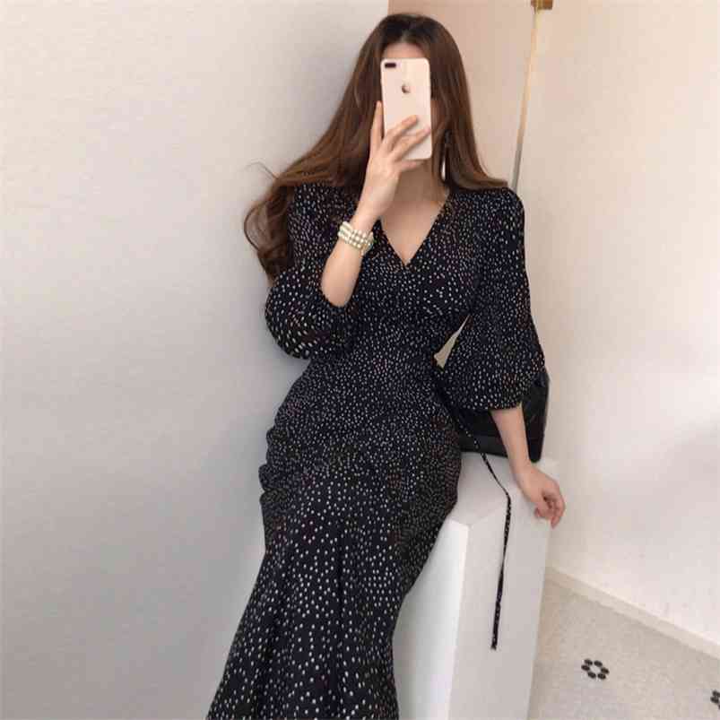 Sundress Elegant Spring Summer Black V-Neck Women's Dress Korean Clothing Vintage Bandage Femme Robe 210623