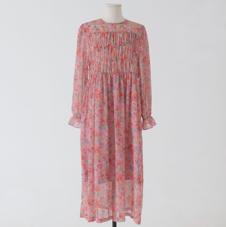 Spring Fashion O-Neck Puff Long Sleeve Floral Chiffon Dress Vintage Women Temperament Casual Elegant Robe 210519