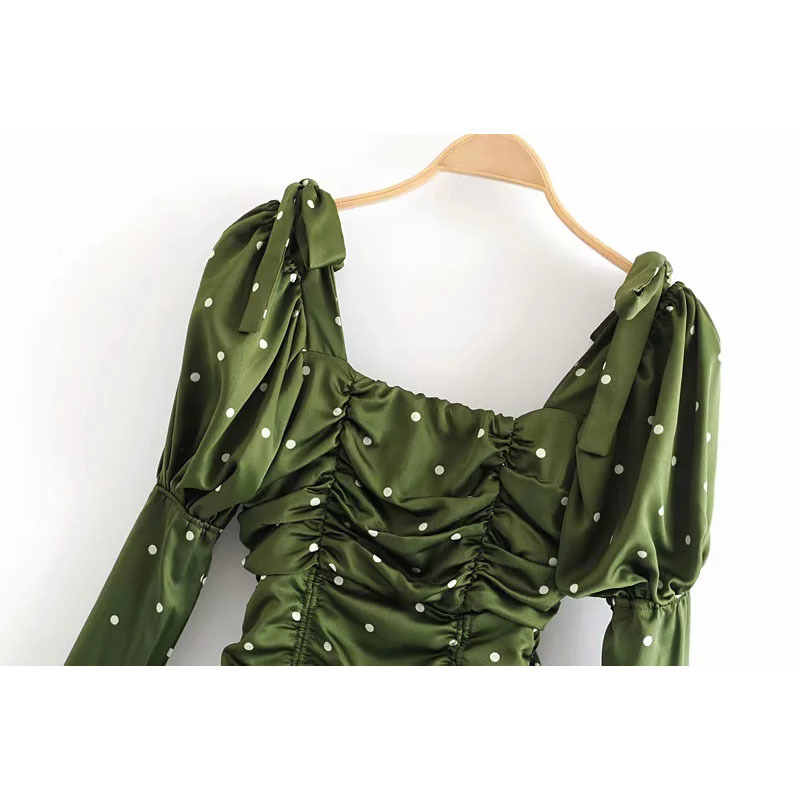 Stylish Sweet Green Polka Dot Ruched Dress Cute Women Square Collar Dresses Casual Vestidos for Girls Streetwear Outfit 210520