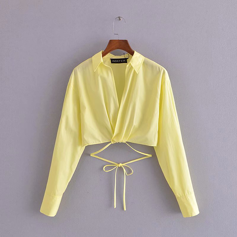 Women Fashion Sexy V Neck Cross Hem Bow Tied Short Smock Blouse Female Long Sleeve Kimono Shirts Chic Blouses Tops 210521