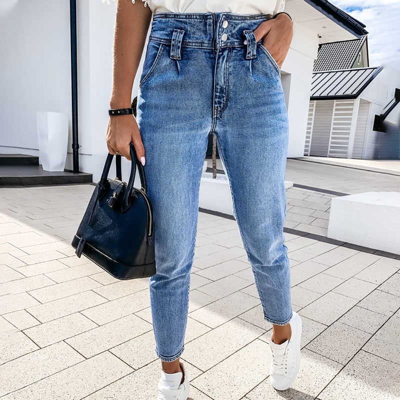 Women's Blue High Waist Pencil Jeans Slim Button Pockets Ladies Denim Pants Spring Vintage Streetwear Trouser Female Bottom 210922