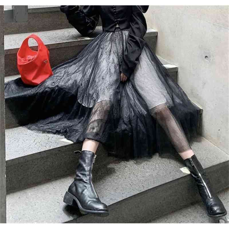 Spring High Waist Black Multilayer Mesh Temperament Long Skirt Women Fashion Elegant Casual Skirts Female 210519