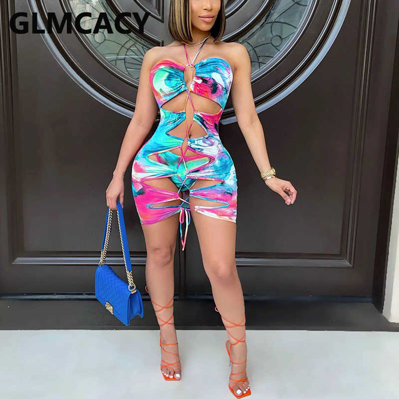 Sexy Abstract Tie Dye Printed Cutout Bodycon Dress 210702