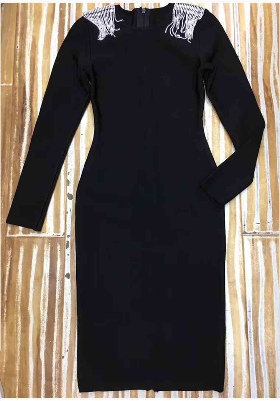 Free Women Bandage Dress Black Sexy O-neck Long Sleeve Chain Fringe Bodycon Elegant Club Party Vestidos 210524