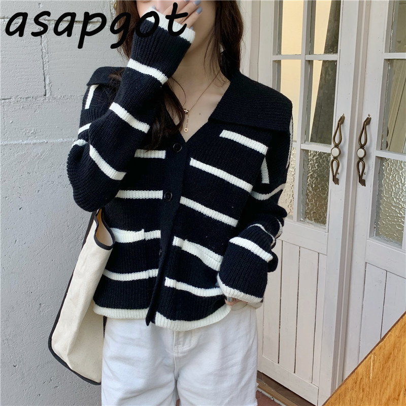 Sweater Autumn Preppy Style Black White Striped Knitted Cardigan Jacket Turn Down Collar Contrast Color Casual Student Men 210429