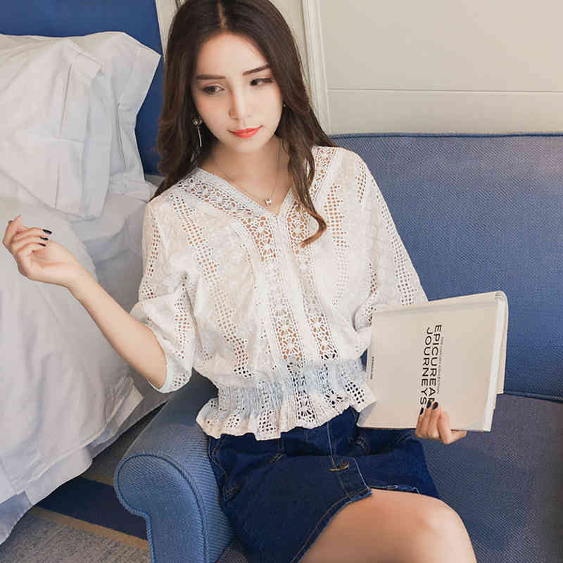 Korean Style Tops Solid Lace Blouse Women Blusas Mujer De Moda Summer Vintage Elegant Patchwork Clothes 9248 210506