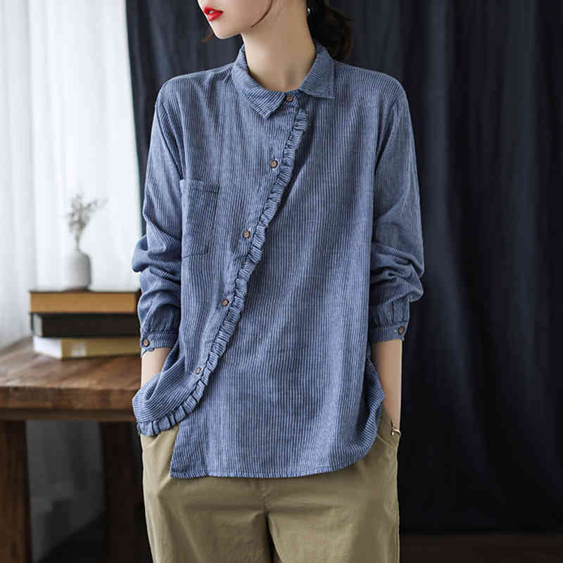 Johnature Women Cotton Striped Blouses Ruffles Vintage Full Sleeve Turn-down Collar Casual Women Clothes Spring Tops 210521, Gray
Johnature Women Cotton Striped Blouses Ruffles Vintage Full Sleeve Turn-down Collar Casual Women Clothes Spring Tops 210521, Gray