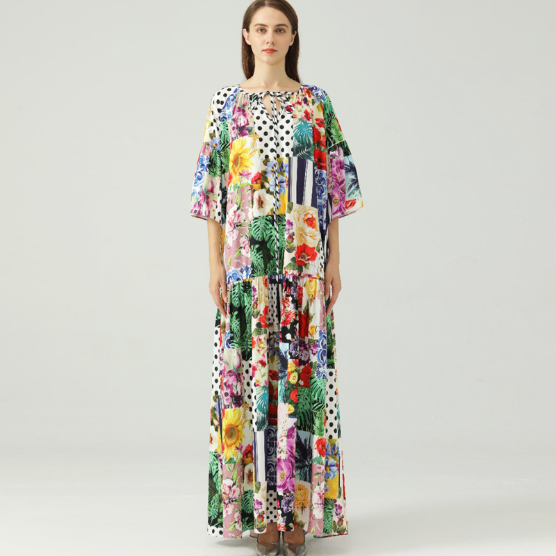 Women' Runway Dresses Lace Up O Neck 3/4 Sleeves Floral Printed Loose Design Fashion Holiday Maxi Dress, Multi
Women' Runway Dresses Lace Up O Neck 3/4 Sleeves Floral Printed Loose Design Fashion Holiday Maxi Dress, Multi
