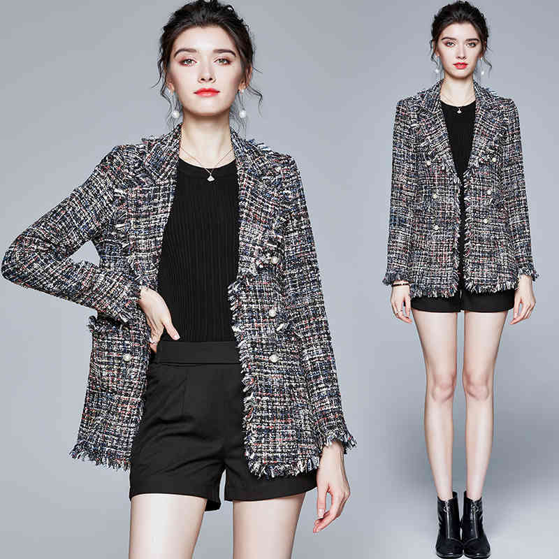 jackets Tweed Tops Fashion Slim Turn Down Collar Long Sleeve Medium-length Coat Women's clothes flower 882J 210420