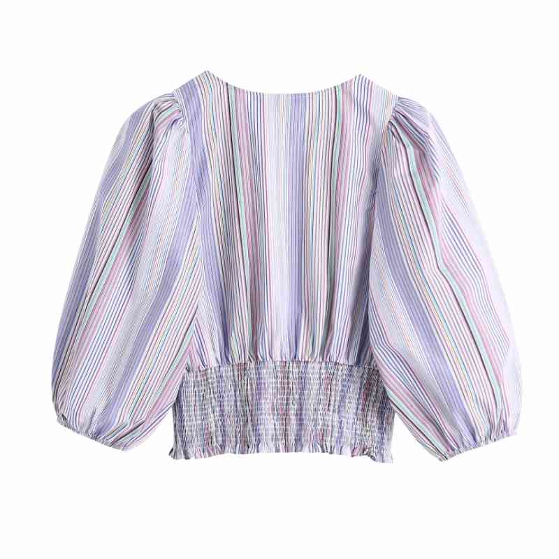 Summer Women V Neck Elastic Waist Striped Short Blouse Female Lantern Sleeve Smock Shirt Casual Lady Loose Tops Blusas S8806 210430