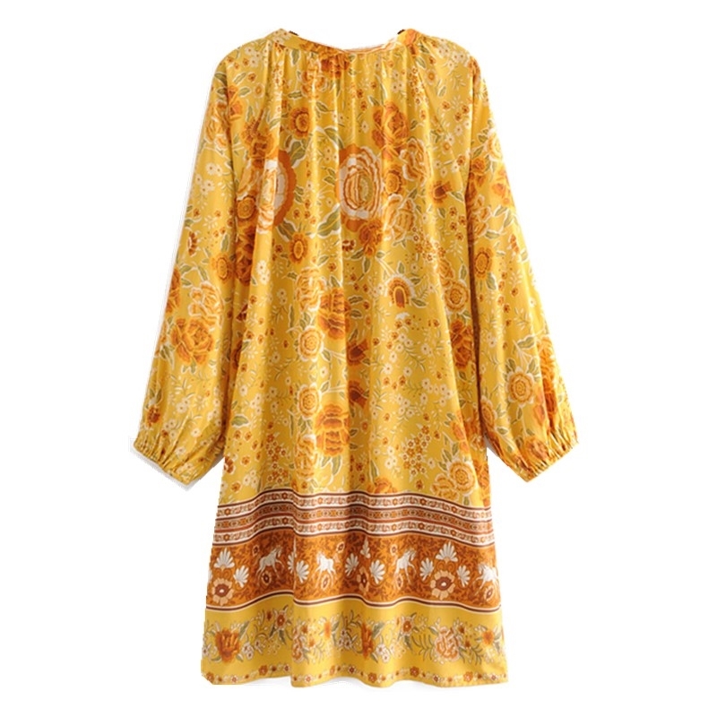 Bohemia Bandage Lacing up V Neck Floral Print Long Sleeve BOHO Dress Hippie Women Loose Straight Short Dresses Holiday Gold 210429
