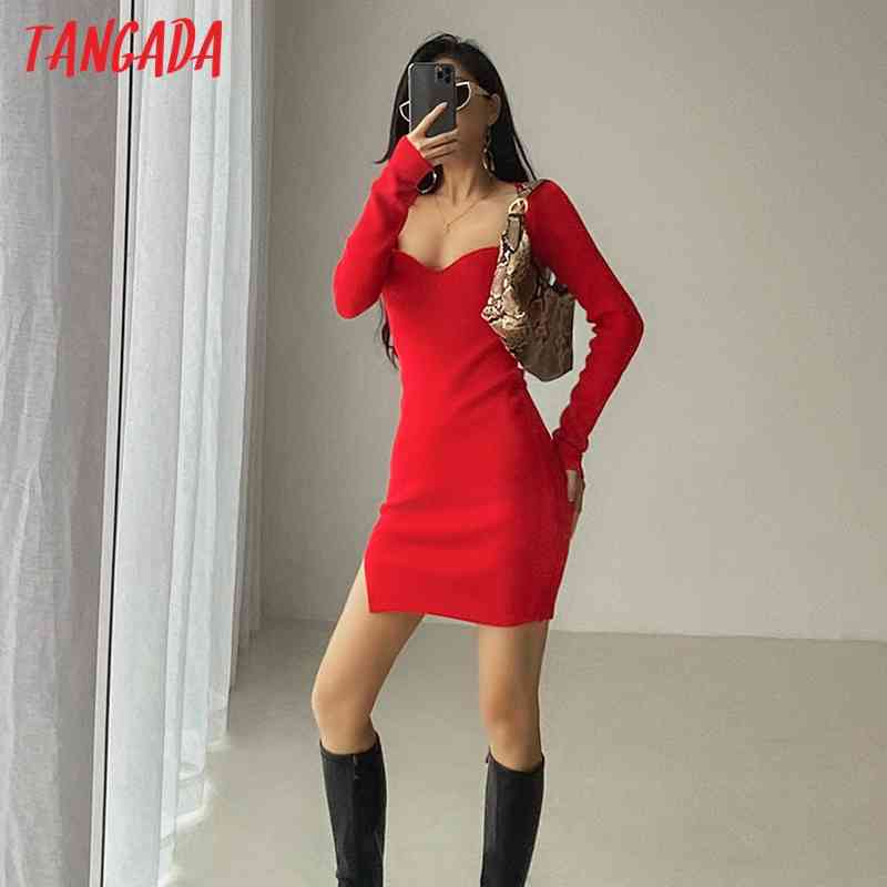 Fashion Women Sexy Square Collar Knit Long Sleeve Ladies Mini Dress 4P04 210416