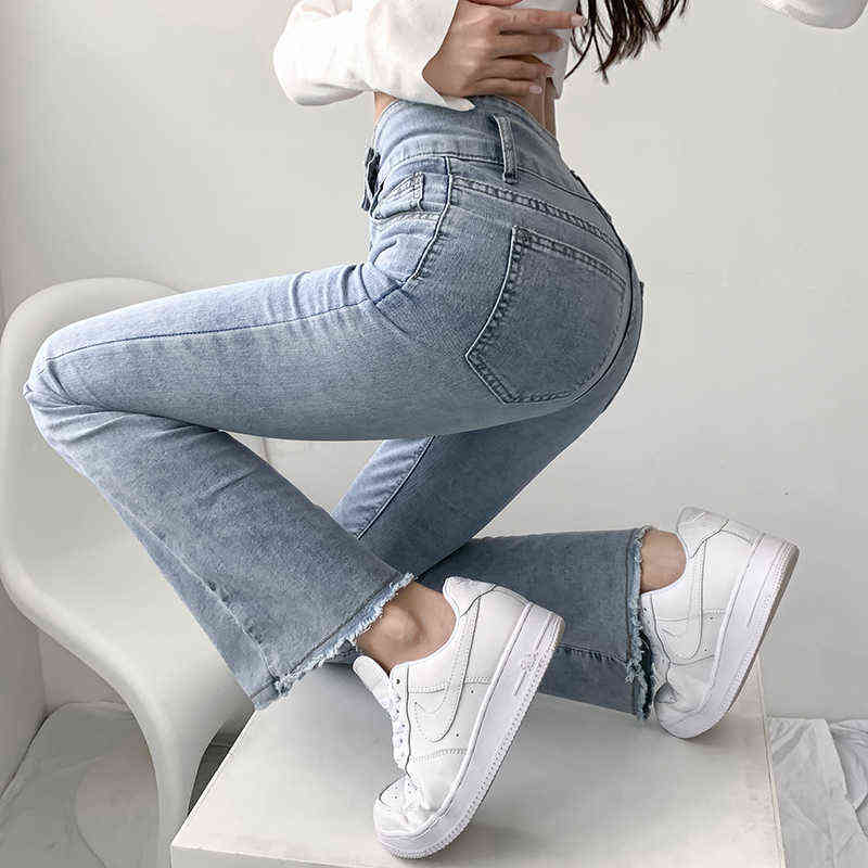 Jeans Women Solid Blue Sexy Slimhigh Waist Jean Simple Ladies Full Length Mom Cowboy Denim Flared Pants Mujer Autumn 211129