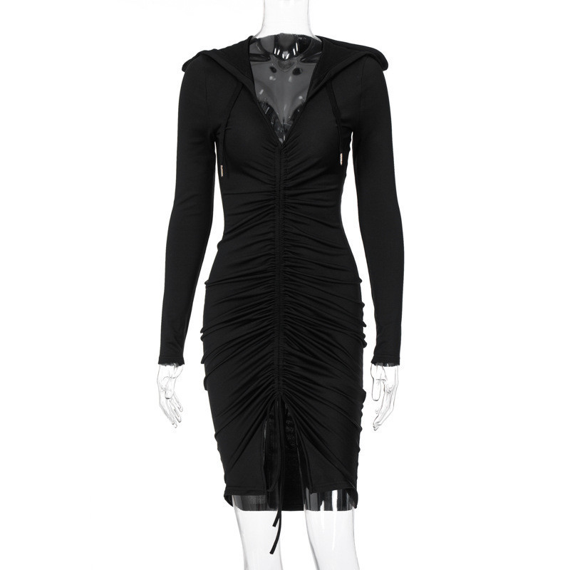 CNYISHE Fashion Casual Hooded Drawstring Dress Women Spring Bodycon Bandage Midi Ruched Dresses Female Black Robes Vestidos 210419