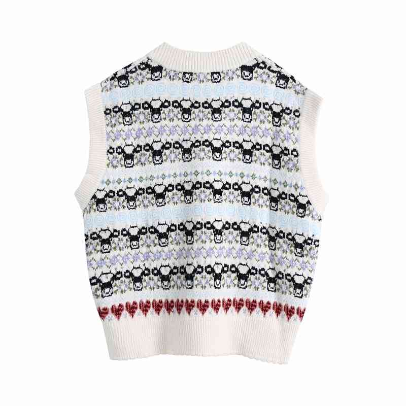 Vintage Women Animal Jacquard Sweaters Vest Fashion Ladies V-Neck Knitted Tops Elegant Female Chic Floral Pullovers 210430