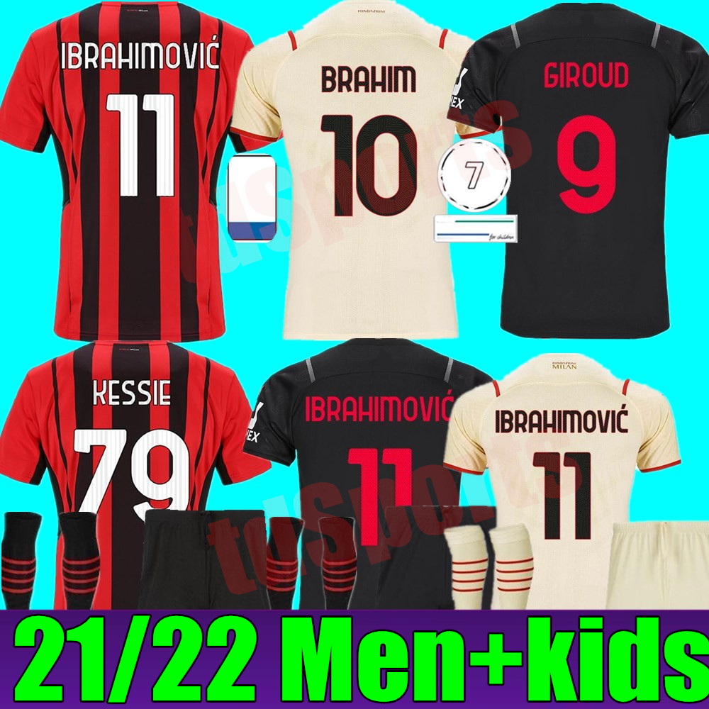 adult Men kids kit AC Milan 21 22 soccer jerseys home away 3rd IBRAHIMOVIC PAQUETA BENNACER TONALI ROMAGNOLI jersey 2021 2022 CALHANOGLU REBIC youth football shirt, Adult 3rd