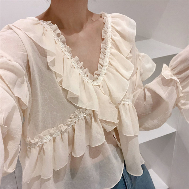Comelsexy Korean Ruffles Chic All Match Summer Loose Casual Tops V-Neck Sweet Clothe Fashion Women Solid Blouses 210515