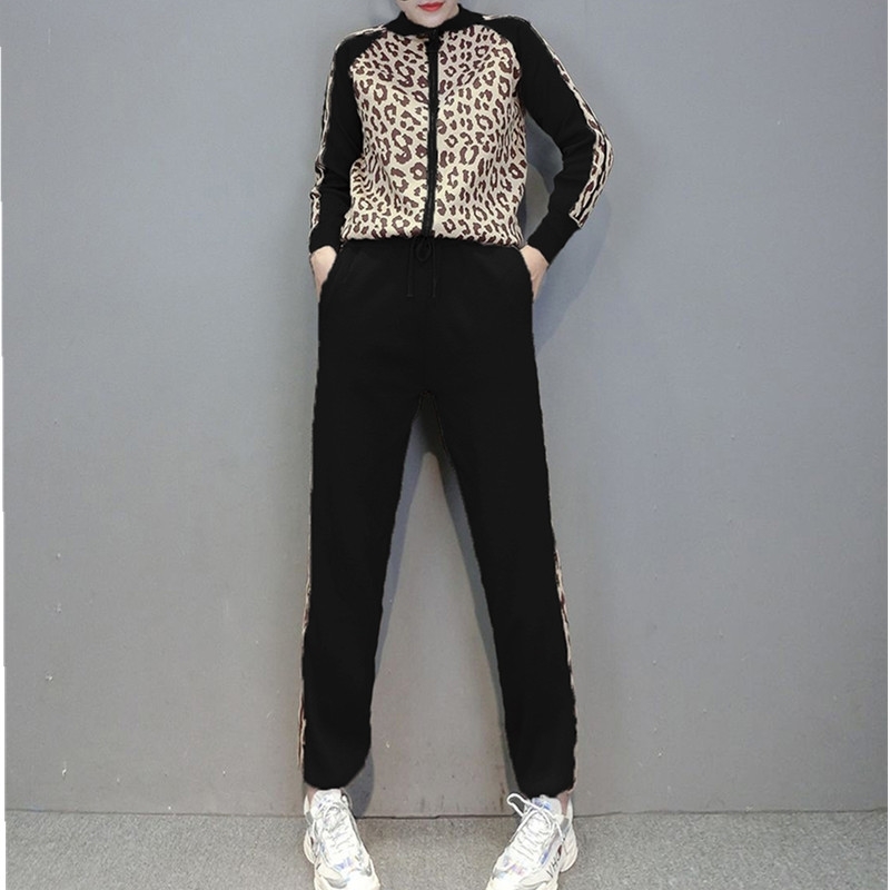 Winter Leopard print zipper knitted cardigans + pencil pants women fashion sport tracksuits slim jacket two piece sets 210520