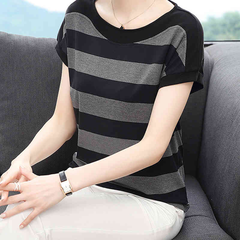 Cotton Black Striped Women Summer Loose T-Shirts Female Plus Size Short Sleeve Casual O-Neck Modal T Shirt Ladies Soft Tops 210406