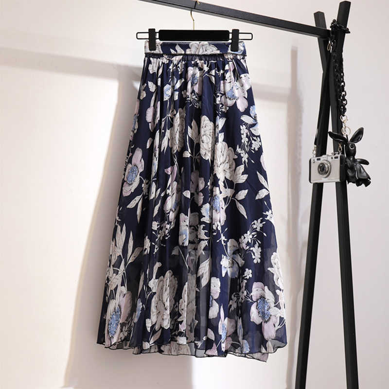TIGENA Floral Print Chiffon Long Skirt Women Fashion Summer Belt A Line High Waist Pleated Female Aesthetic 210621