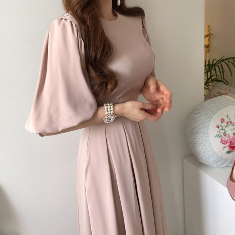 Women Elegant pleated Dress Fashion High Waist Slim Ladies lantern sleeves Chic party Dresses Vestido 210519
