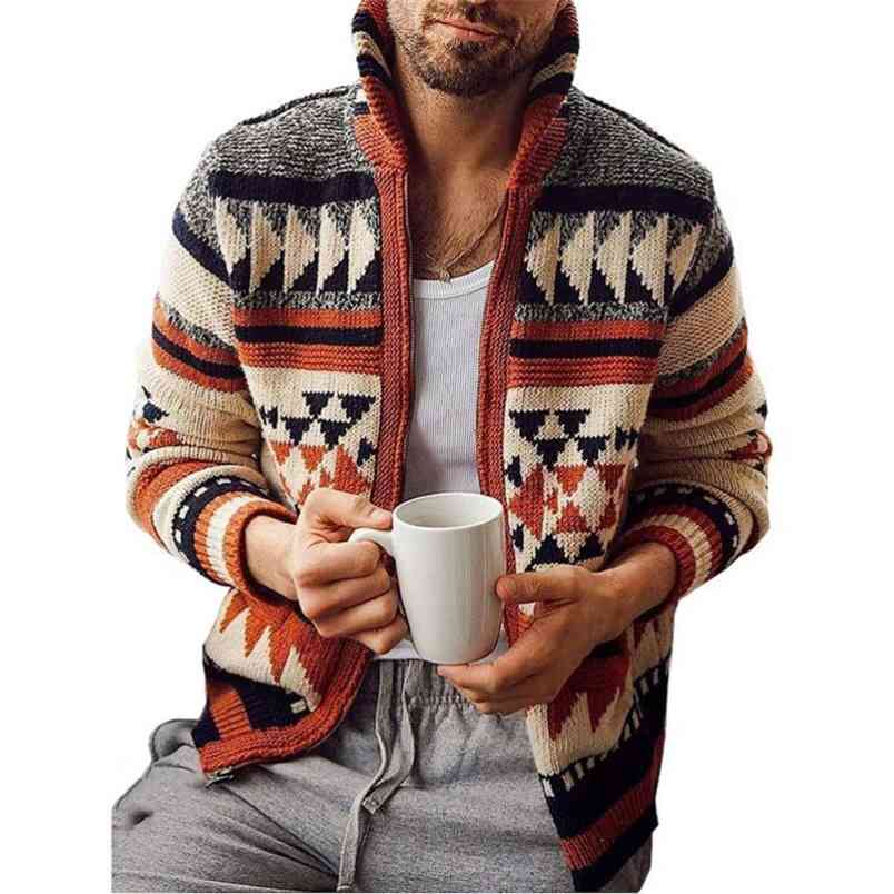 Abrigo Hombre Men's Clothing Casual Jacquard Zipper Cardigan Knitted Male Print Loose Turn-down Collar Plus Size Sweaters 210604