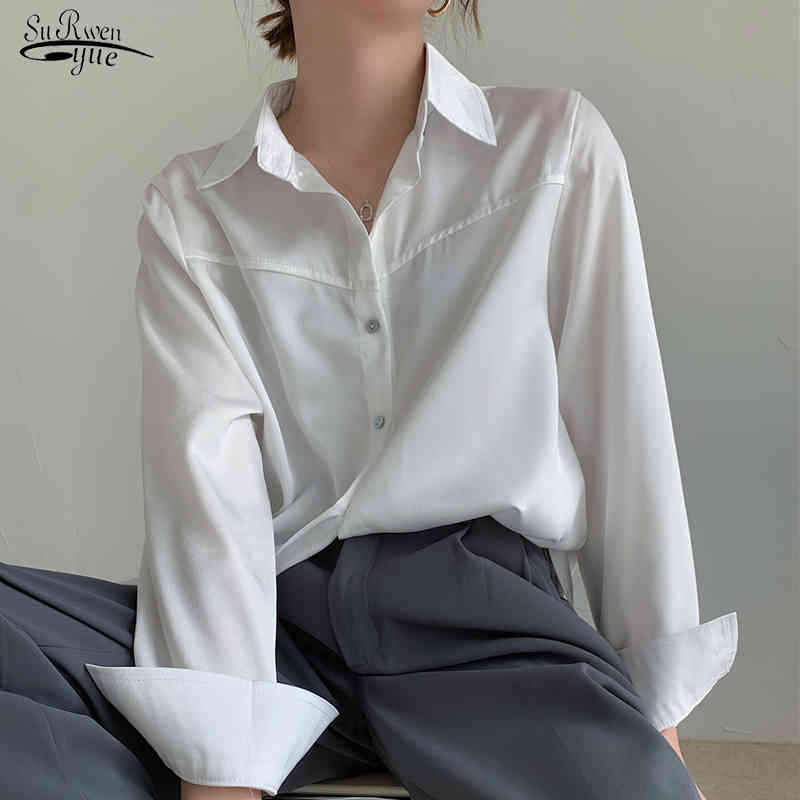 Korea Loose Chiffon Women Blouse and Tops Casual Vintage Lantern Sleeve Female Shirt Apricot White Button Clothing 13170 210508