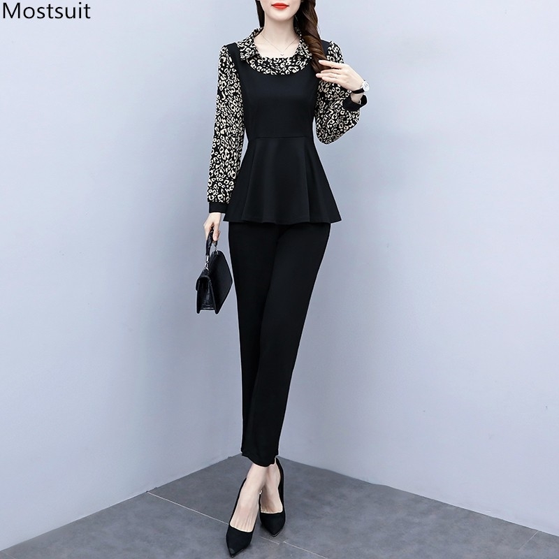 Spring Women Elegant Two Piece Set Plus Size 5xl Long Sleeve Turn Down Collar Print Tops And Elastic Pants Outfits Korean 210518, Black
Spring Women Elegant Two Piece Set Plus Size 5xl Long Sleeve Turn Down Collar Print Tops And Elastic Pants Outfits Korean 210518, Black