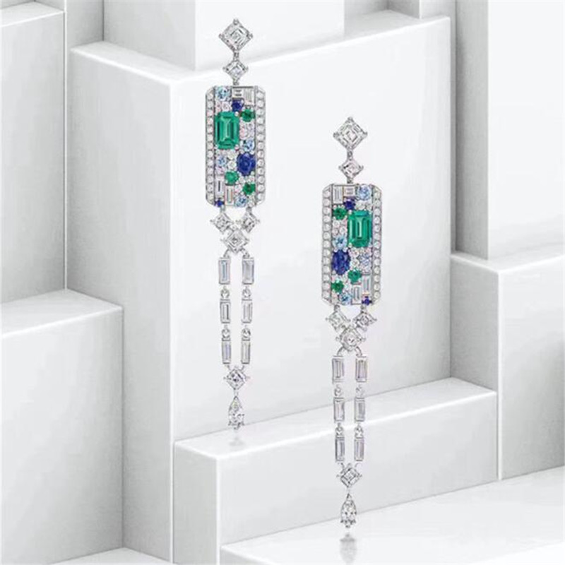2021 Choucong Brand Ins Wedding Jewelry Sets 925 Sterling Silver Emerlad CZ Diamond Long Tassels Dangle Earring Party Edward Women Open Adjustable Rin