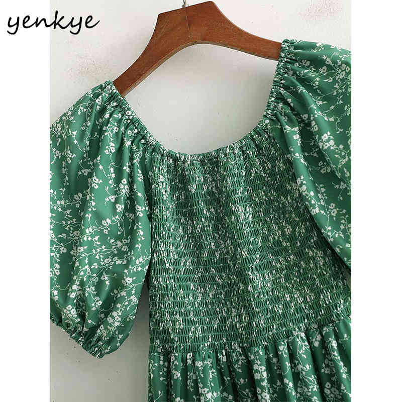 YENKYE Prairie Chic Summer Dress Women Green Floral Print Dress Female Lantern Sleeve O Neck Knee Length Big Swing Vestido 210515