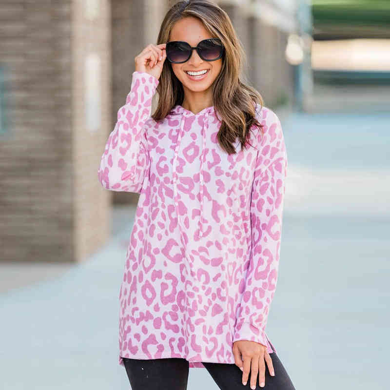 Women Autumn Sweatshirt Leopard Print Fashion Hoodie Tops Long Sleeve Hooded Pullover Casual Loose Tunic Sudadera Mujer 210515