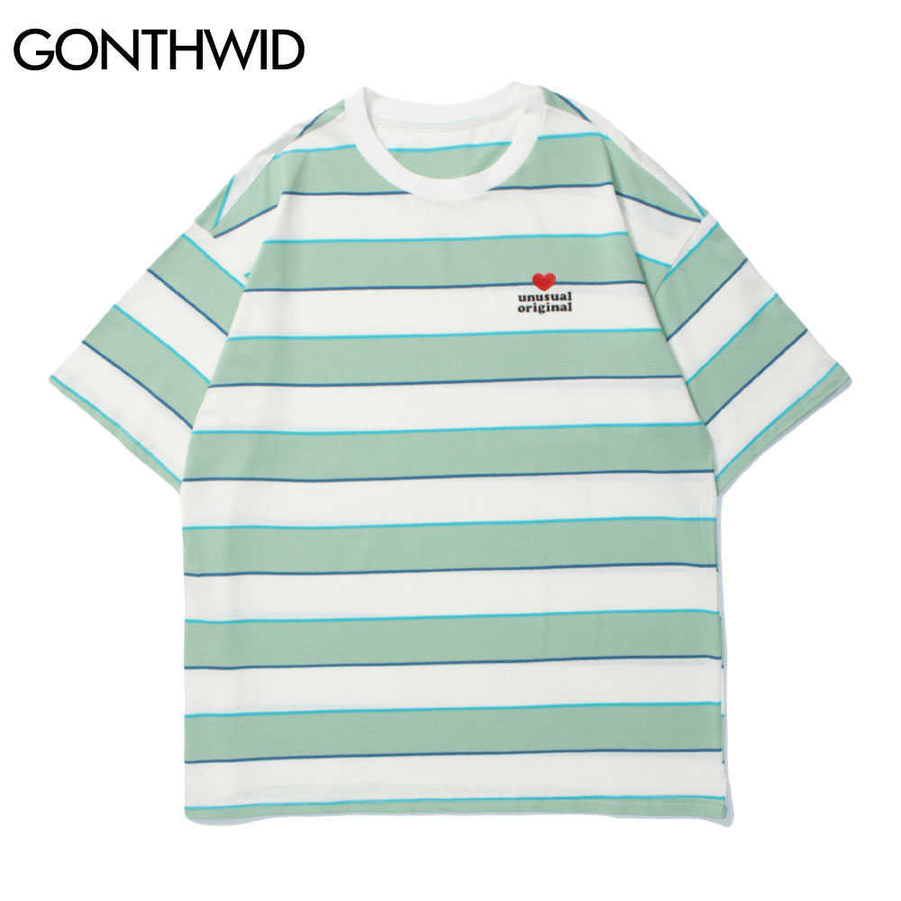 GONTHWID Tshirts Streetwear Hip Hop Color Striped Summer Tees Shirts Men Harajuku Fashion Casual Cotton Loose Short Sleeve Tops 210629