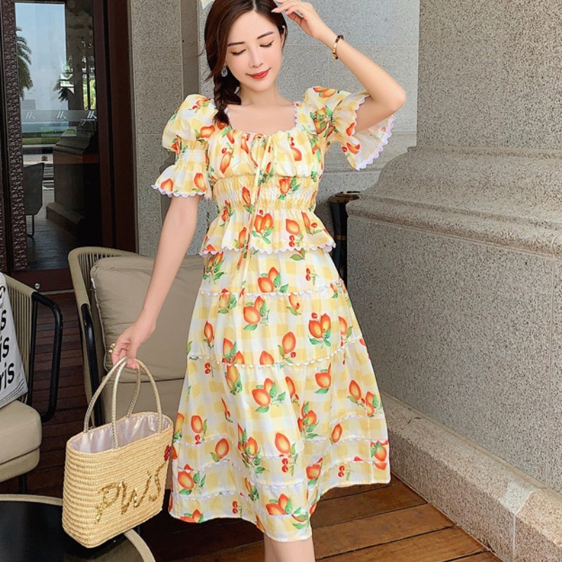 Vintage Bohemian Women 2 Pieces Set Summer Sweet Square Collar Puff Sleeve Slim Crop Top + High Waist Midi Skirts Suit Female 210519