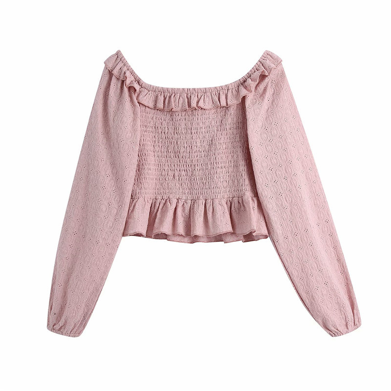Sweet Women Solid Elastic Short Shirts Fashion Ladies Ruffles Square Collar Blouses Elegant Female Hollow Out Shirt 210430