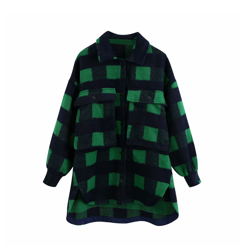 Lapel Long Sleeve Single-breasted Plaid Fashion Women's Jacket Korean Style Loose Retro Warm Double Pocket Chic Female Coat Tops 210507