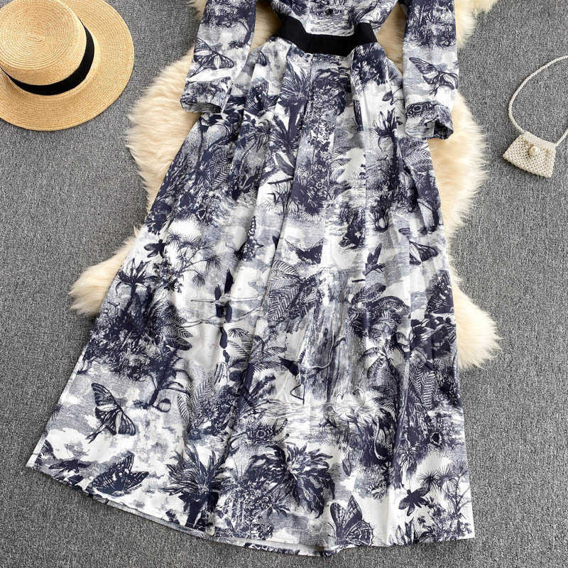 DEAT Women Printing Dress Lapel Long Sleeve Arrivals Lady Temperament Fashion Spring Autumn 11D2005 210709